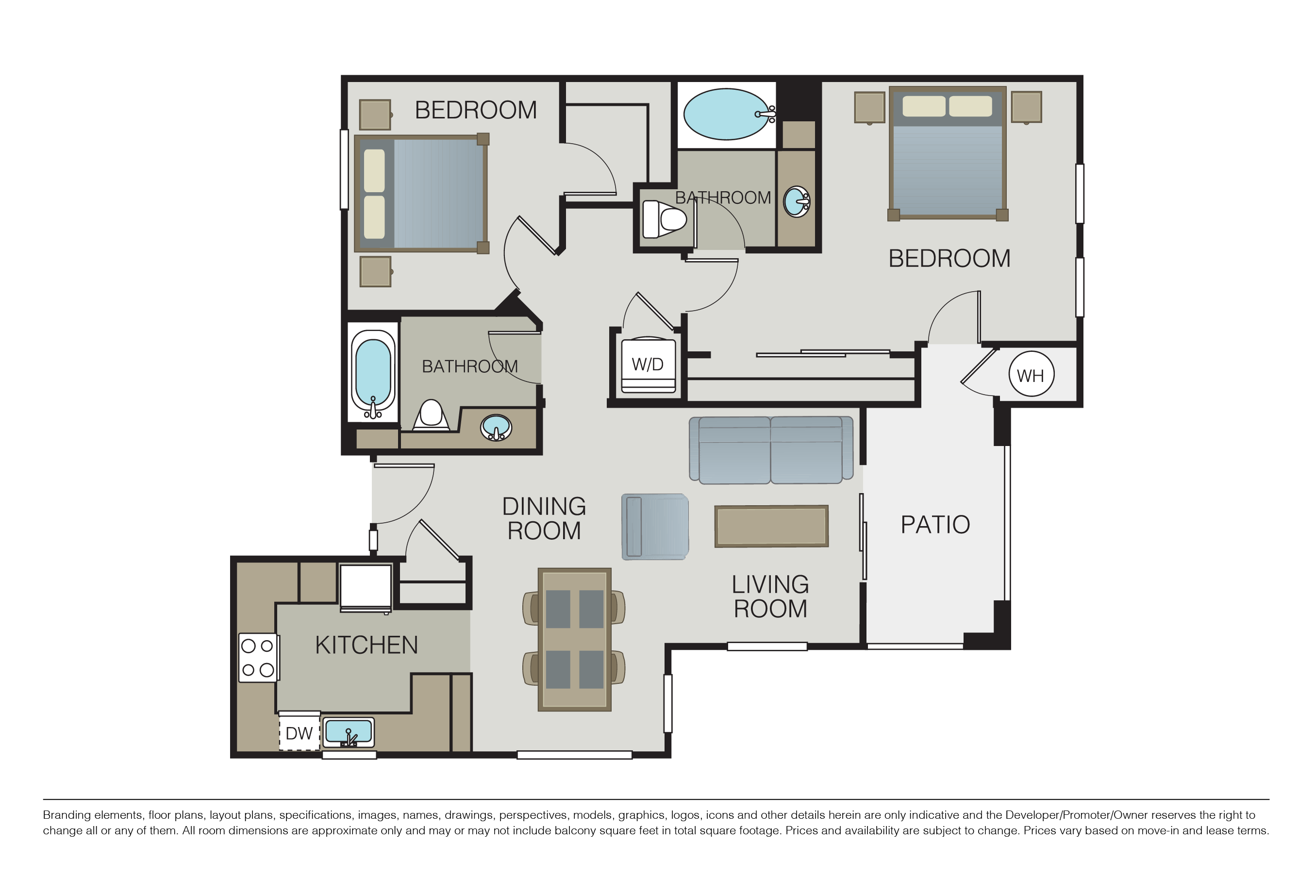 Floor plan for 2 beds, 2 baths, 1258 sqft