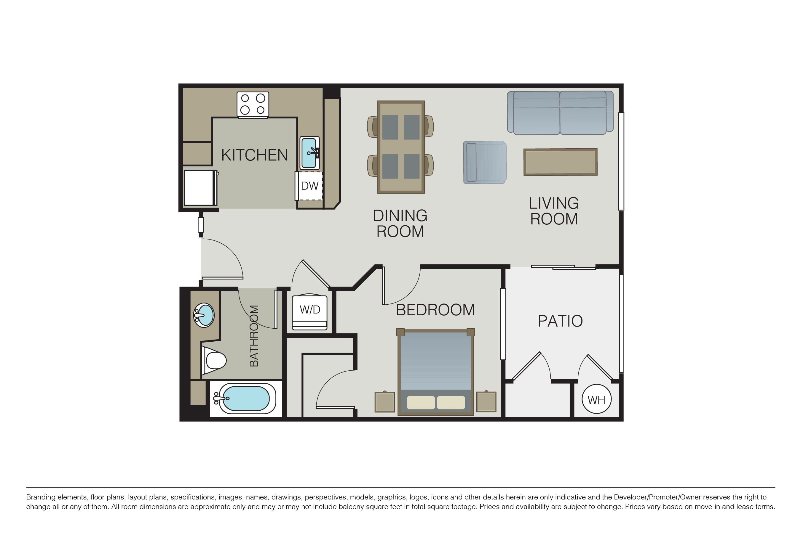 Floor plan for 1 bed, 1 bath, 764 sqft