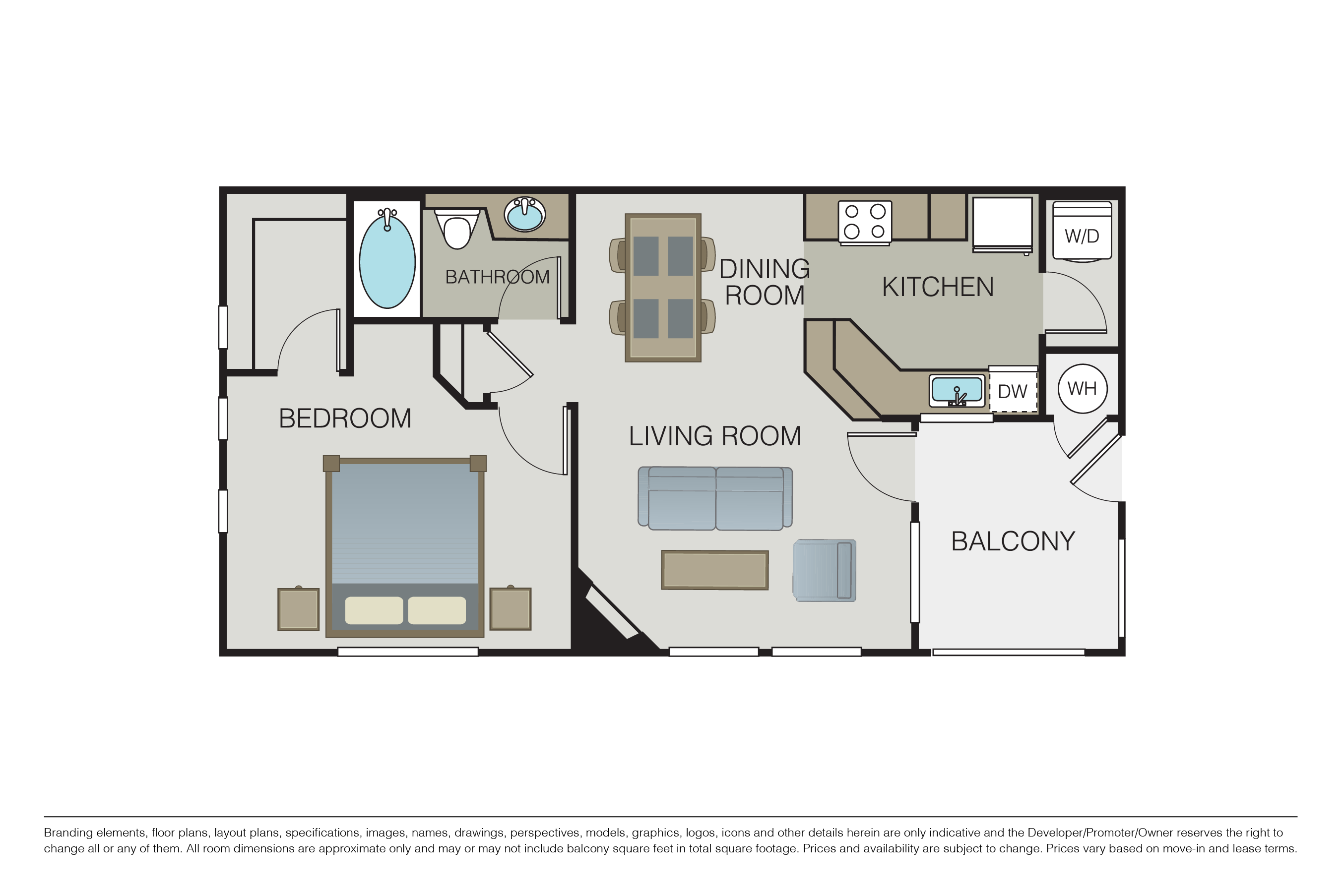 Floor plan for 1 bed, 1 bath, 840 sqft