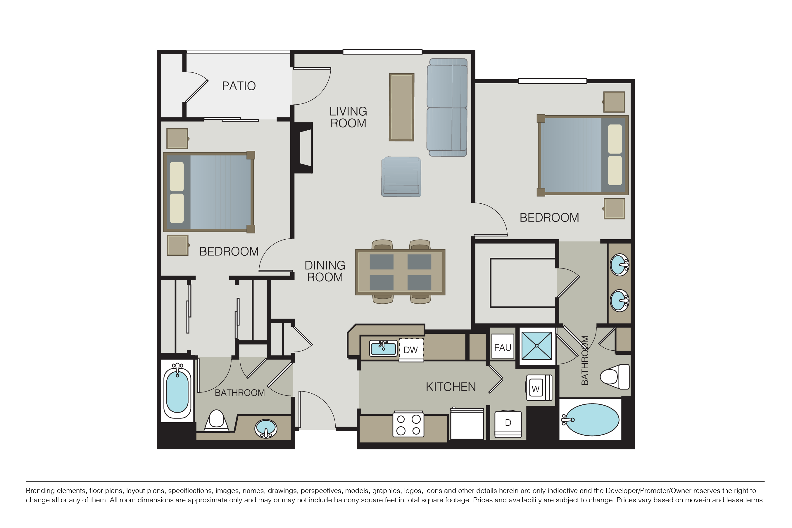 Floor plan for 2 beds, 2 baths, 1228 sqft