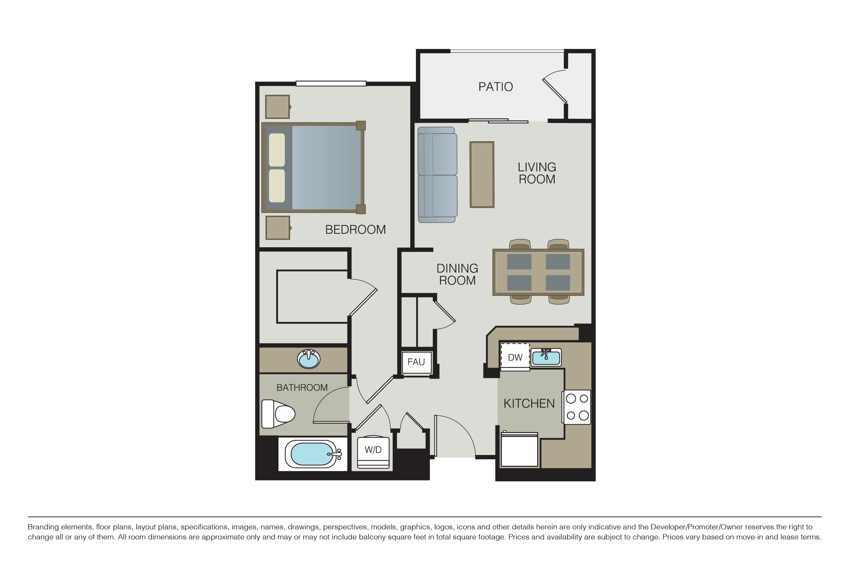 Floor plan for 1 bed, 1 bath, 806 sqft