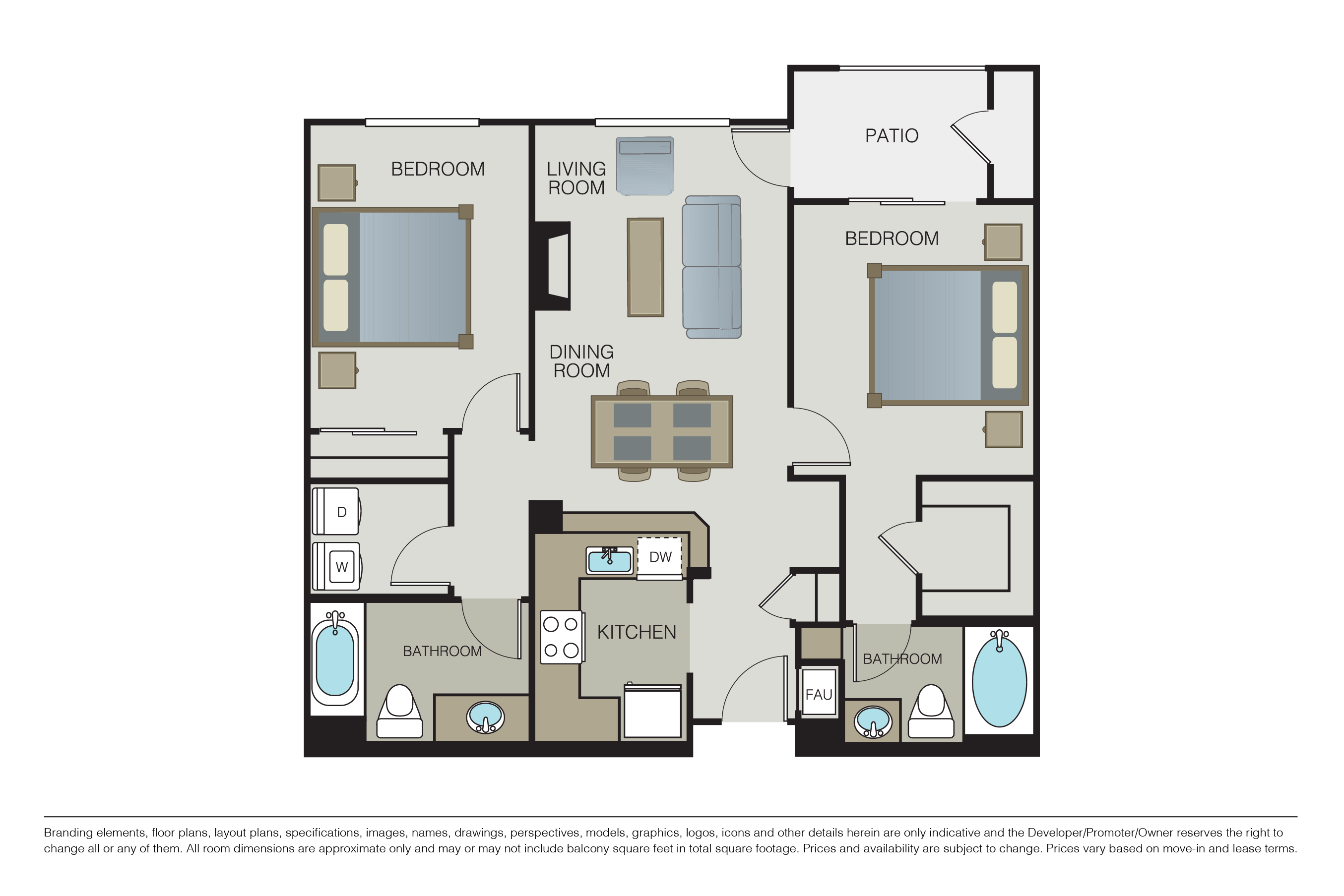 Floor plan for 2 beds, 2 baths, 1073 sqft
