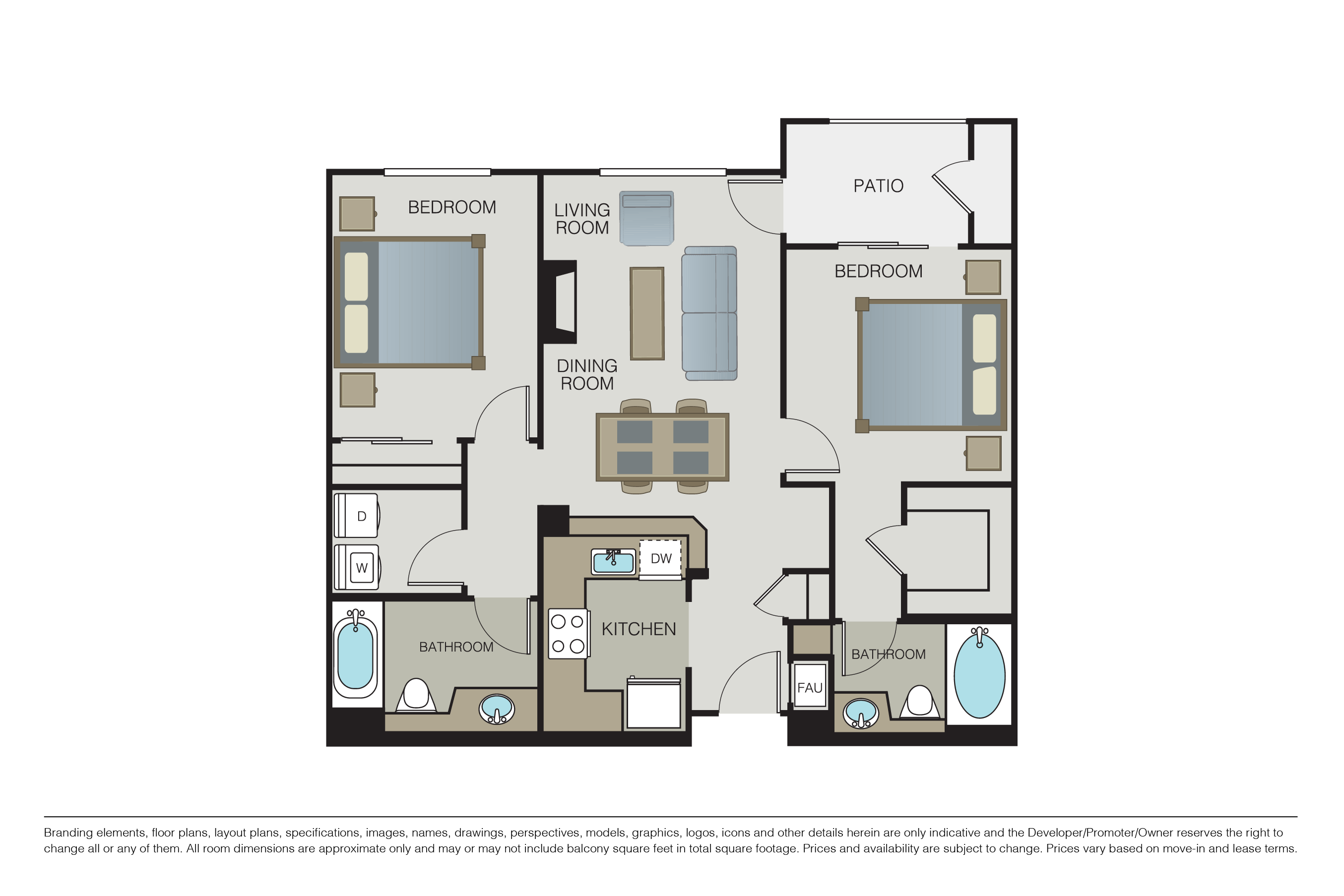 Floor plan for 2 beds, 2 baths, 1033 sqft