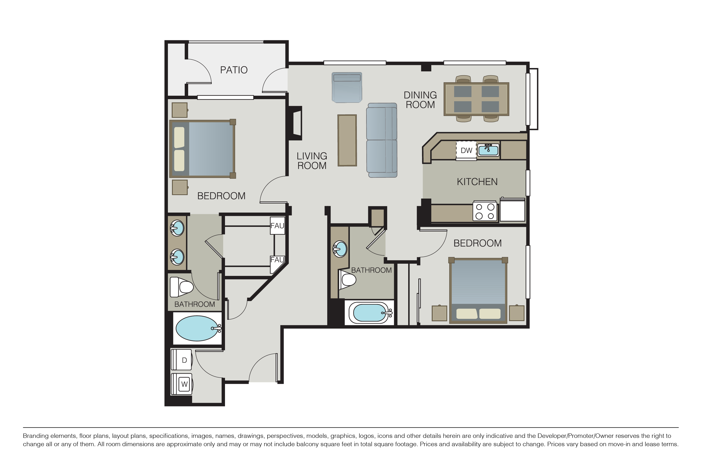 Floor plan for 2 beds, 2 baths, 1138 sqft