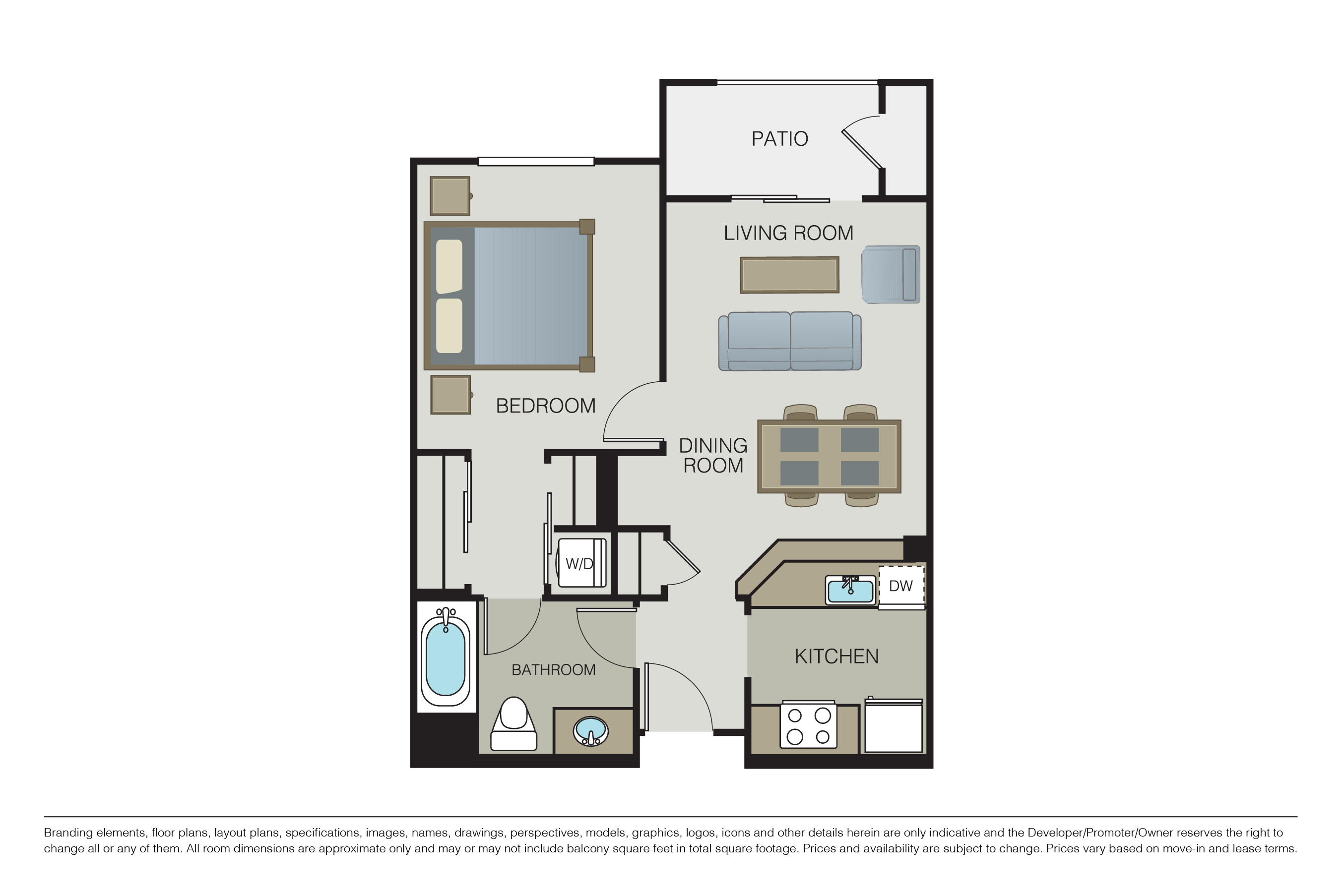 Floor plan for 1 bed, 1 bath, 698 sqft