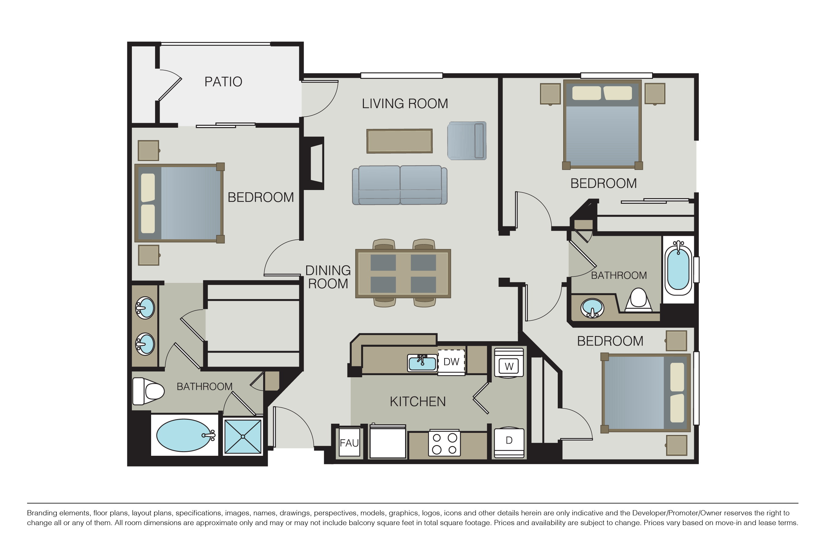 Floor plan for 3 beds, 2 baths, 1358 sqft