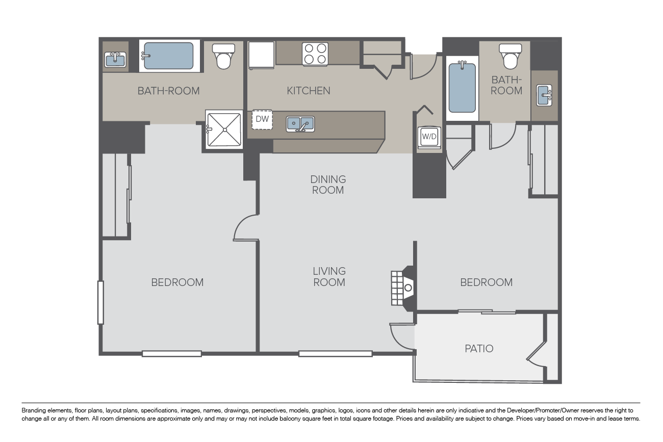 Floor plan for 2 beds, 2 baths, 1358 sqft