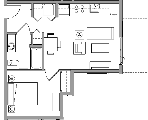 Floor plan for 1 bed, 1 bath, 543 sqft