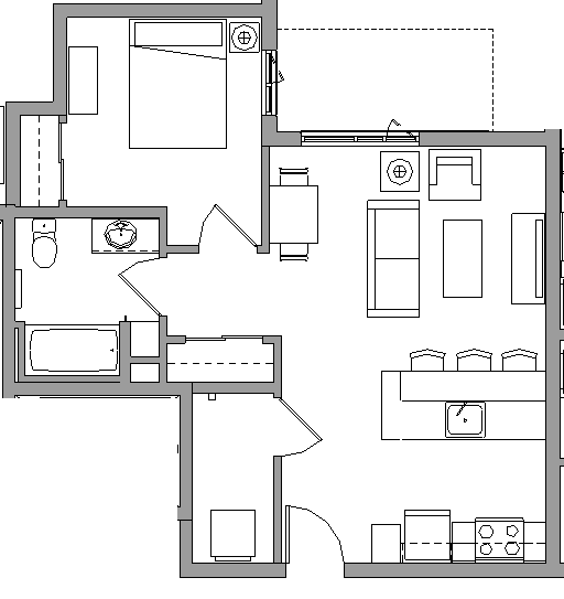 Floor plan for 1 bed, 1 bath, 612 sqft