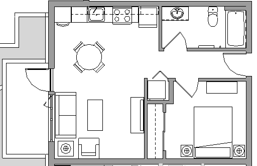 Floor plan for 1 bed, 1 bath, 536 sqft