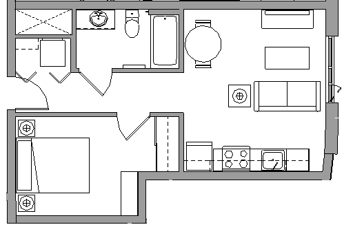 Floor plan for 1 bed, 1 bath, 481 sqft