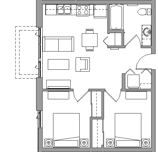 Floor plan for 2 beds, 1 bath, 650 sqft