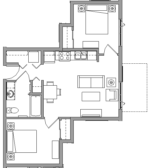 Floor plan for 2 beds, 1 bath, 668 sqft
