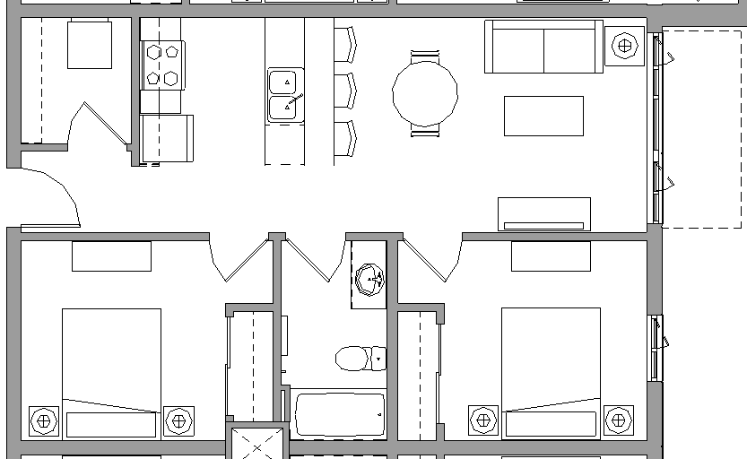 Floor plan for 2 beds, 1 bath, 716 sqft