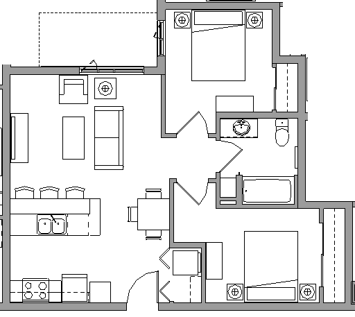 Floor plan for 2 beds, 1 bath, 733 sqft