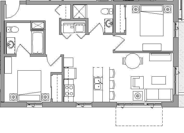 Floor plan for 2 beds, 2 baths, 781 sqft