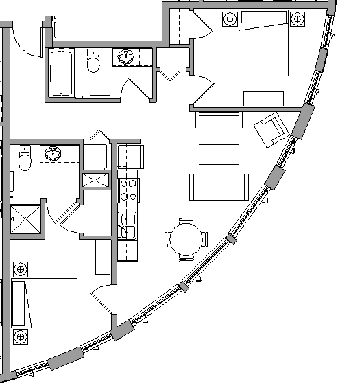 Floor plan for 2 beds, 2 baths, 804 sqft