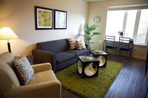 Portland apartment for rent - A living room with a grey couch, a yellow chair, and a green rug.
