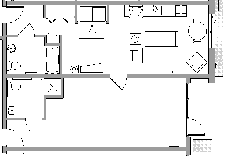Floor plan for studio, 2 baths, 917 sqft