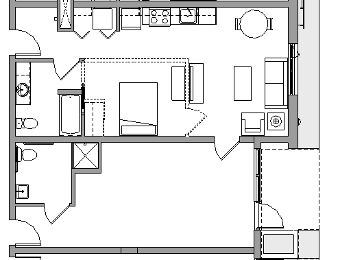 Floor plan for studio, 2 baths, 843 sqft