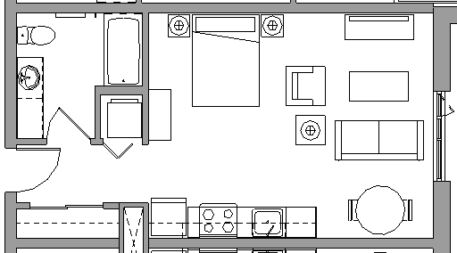 Floor plan for studio, 1 bath, 463 sqft