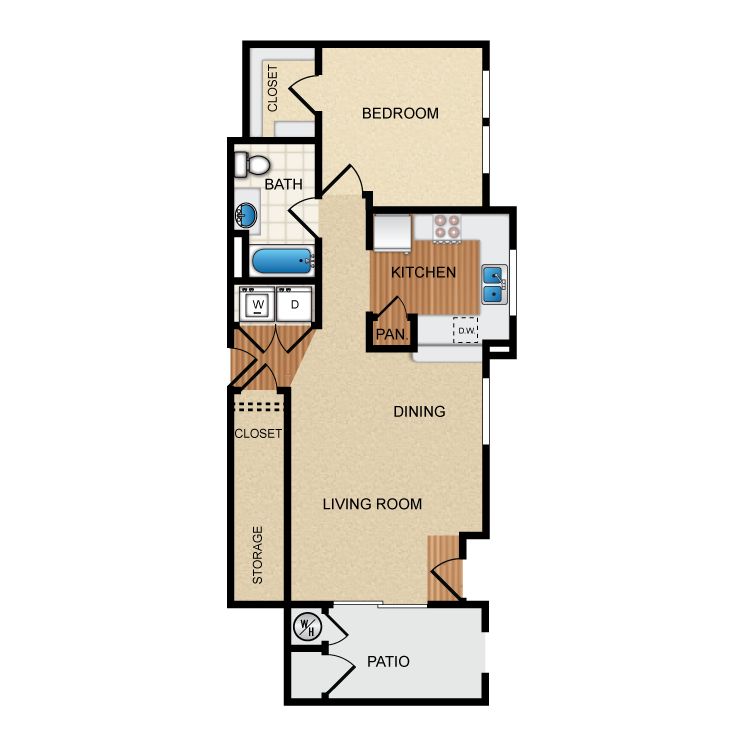 Floor plan for 1 bed, 1 bath, 750 sqft