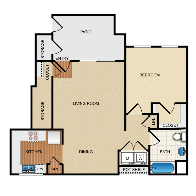 Floor plan for 1 bed, 1 bath, 752 sqft