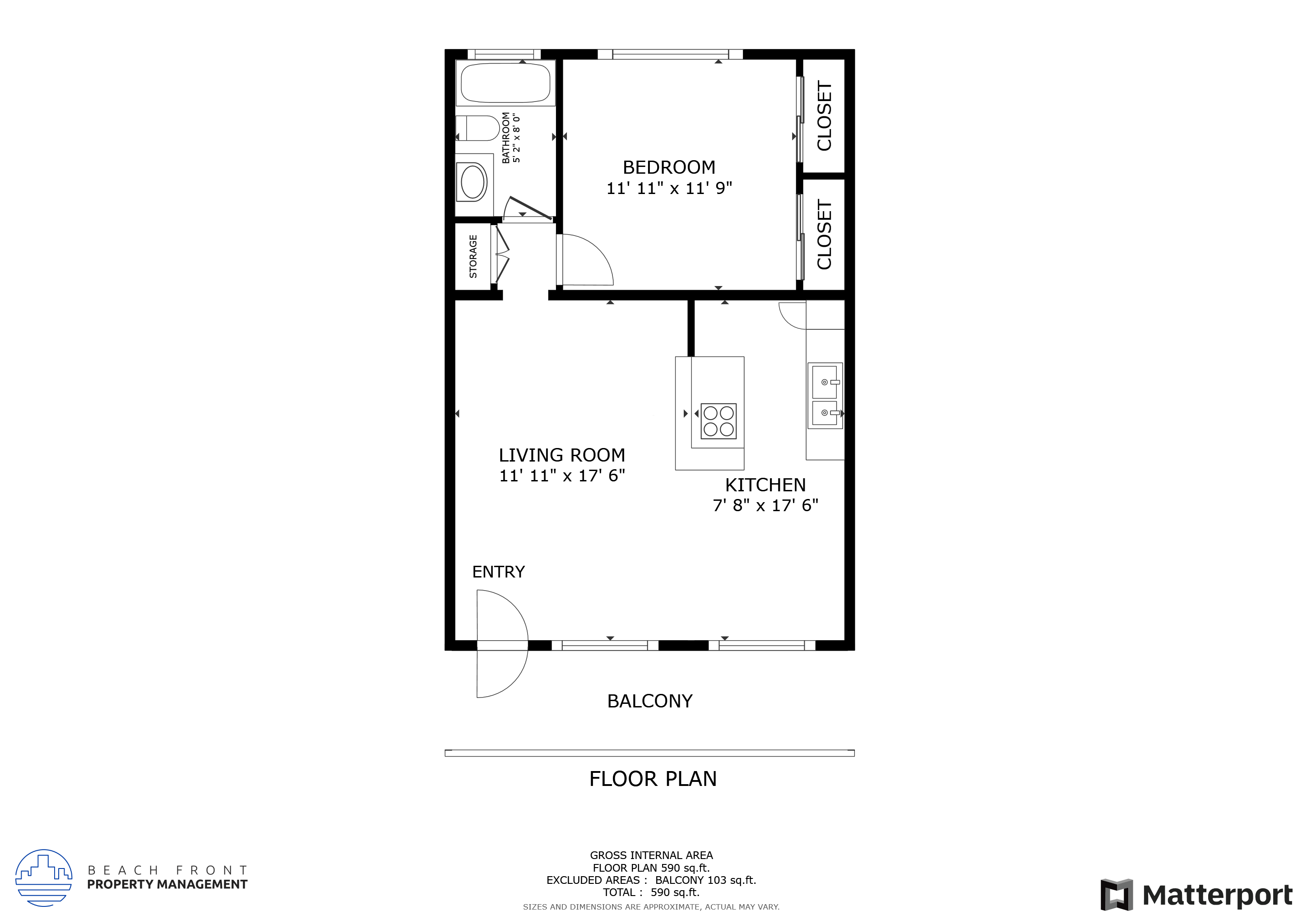 Floor plan for 1 bed, 1 bath, 624 sqft
