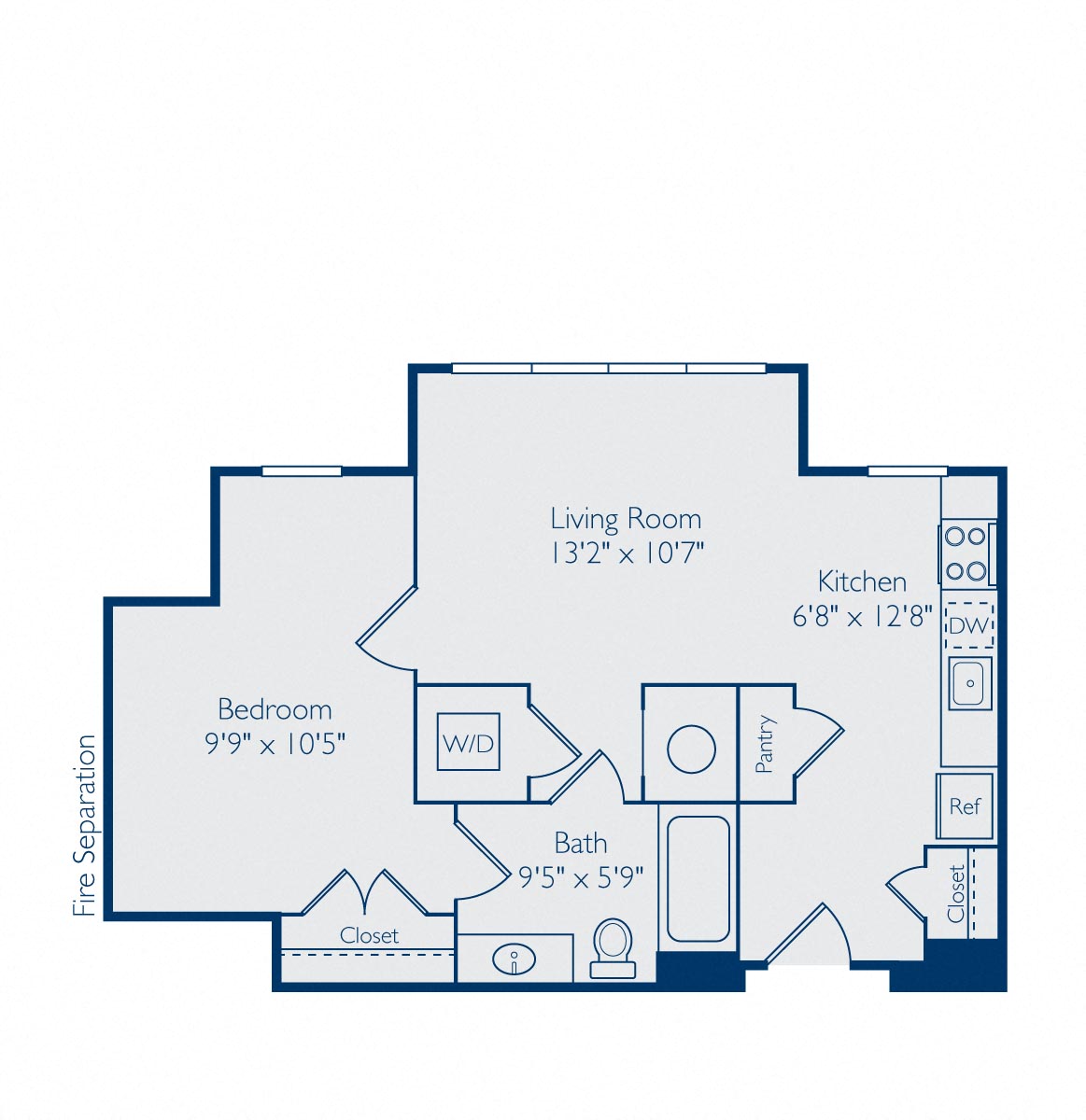 Floor plan for 1 bed, 1 bath, 608 sqft