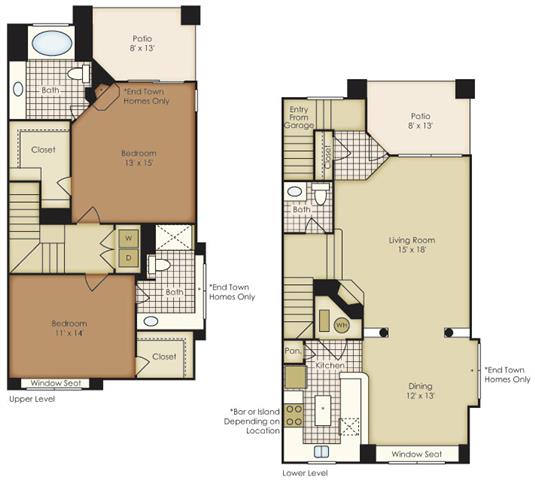 Floor plan for 2 beds, 2.5 baths, 1313 sqft