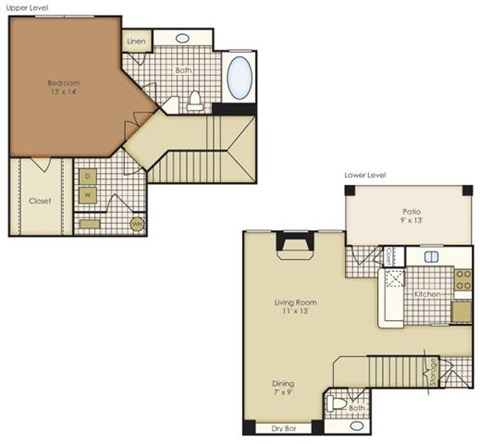 Floor plan for 1 bed, 1.5 baths, 895 sqft