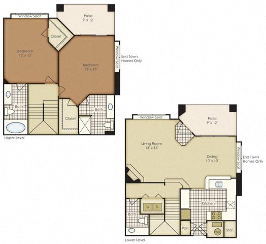 Floor plan for 2 beds, 2.5 baths, 1166 sqft