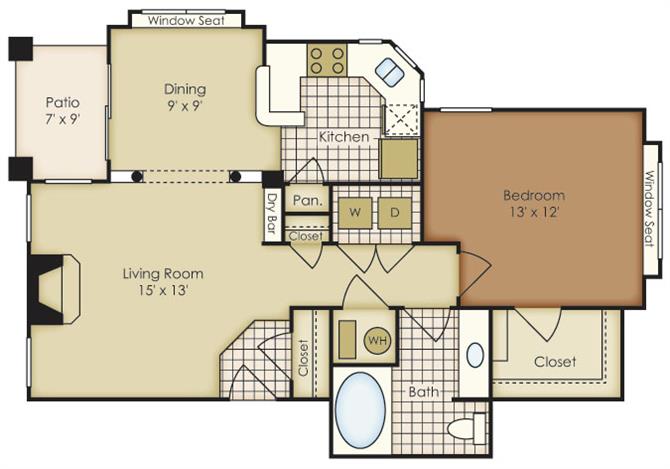 Floor plan for 1 bed, 1 bath, 742 sqft