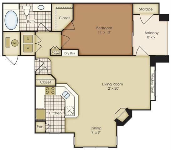 Floor plan for 1 bed, 1 bath, 795 sqft