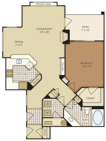 Floor plan for 1 bed, 1 bath, 840 sqft