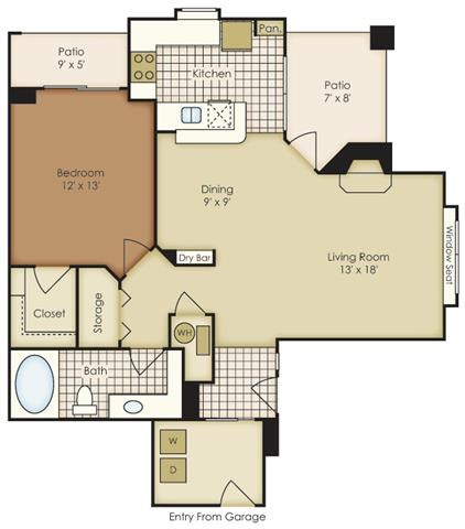 Floor plan for 1 bed, 1 bath, 880 sqft
