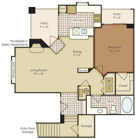 Floor plan for 1 bed, 1 bath, 921 sqft
