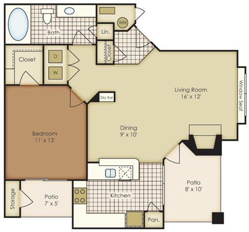 Floor plan for 1 bed, 1 bath, 727 sqft