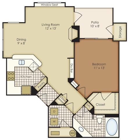 Floor plan for 1 bed, 1 bath, 736 sqft