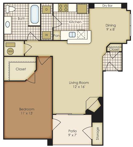 Floor plan for 1 bed, 1 bath, 745 sqft