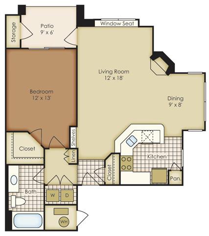 Floor plan for 1 bed, 1 bath, 795 sqft