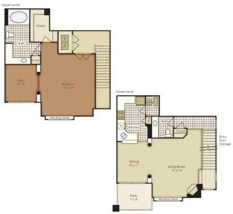 Floor plan for 1 bed, 1.5 baths, 998 sqft