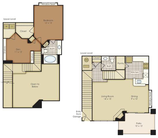 Floor plan for 1 bed, 1.5 baths, 1025 sqft