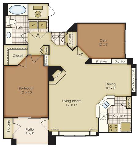 Floor plan for 1 bed, 1 bath, 915 sqft