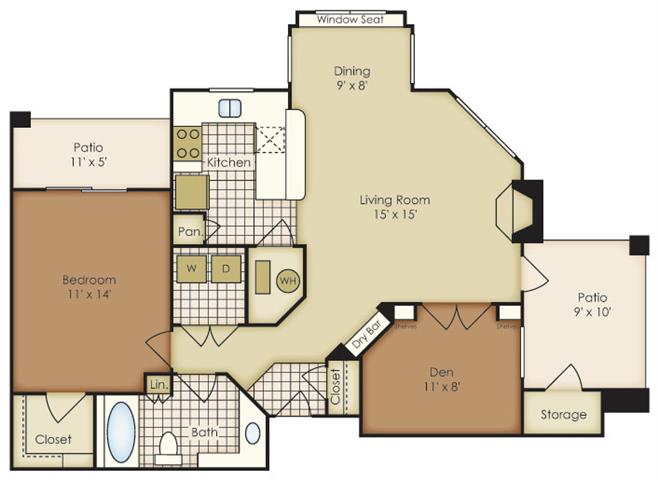 Floor plan for 1 bed, 1 bath, 883 sqft