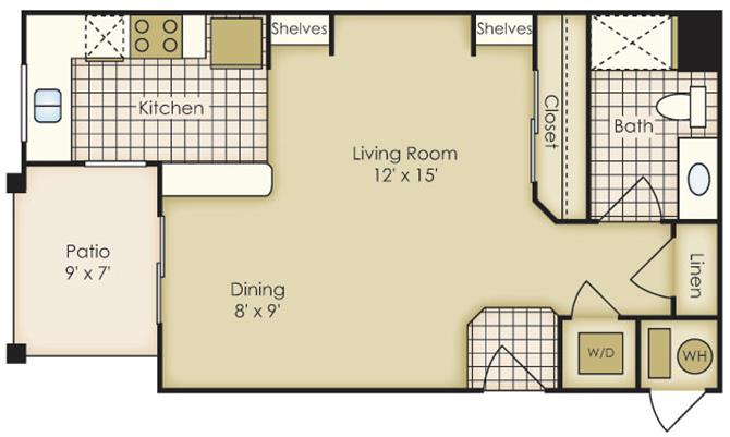 Floor plan for studio, 1 bath, 484 sqft