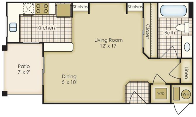 Floor plan for studio, 1 bath, 484 sqft