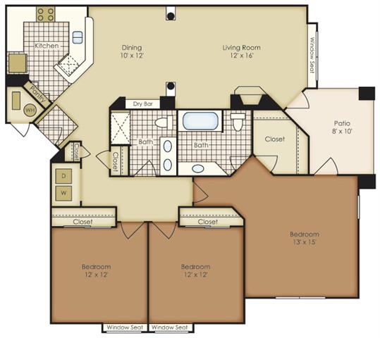 Floor plan for 3 beds, 2 baths, 1289 sqft