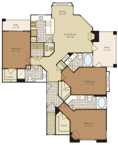 Floor plan for 3 beds, 3 baths, 1525 sqft