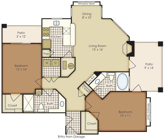 Floor plan for 2 beds, 2 baths, 1145 sqft